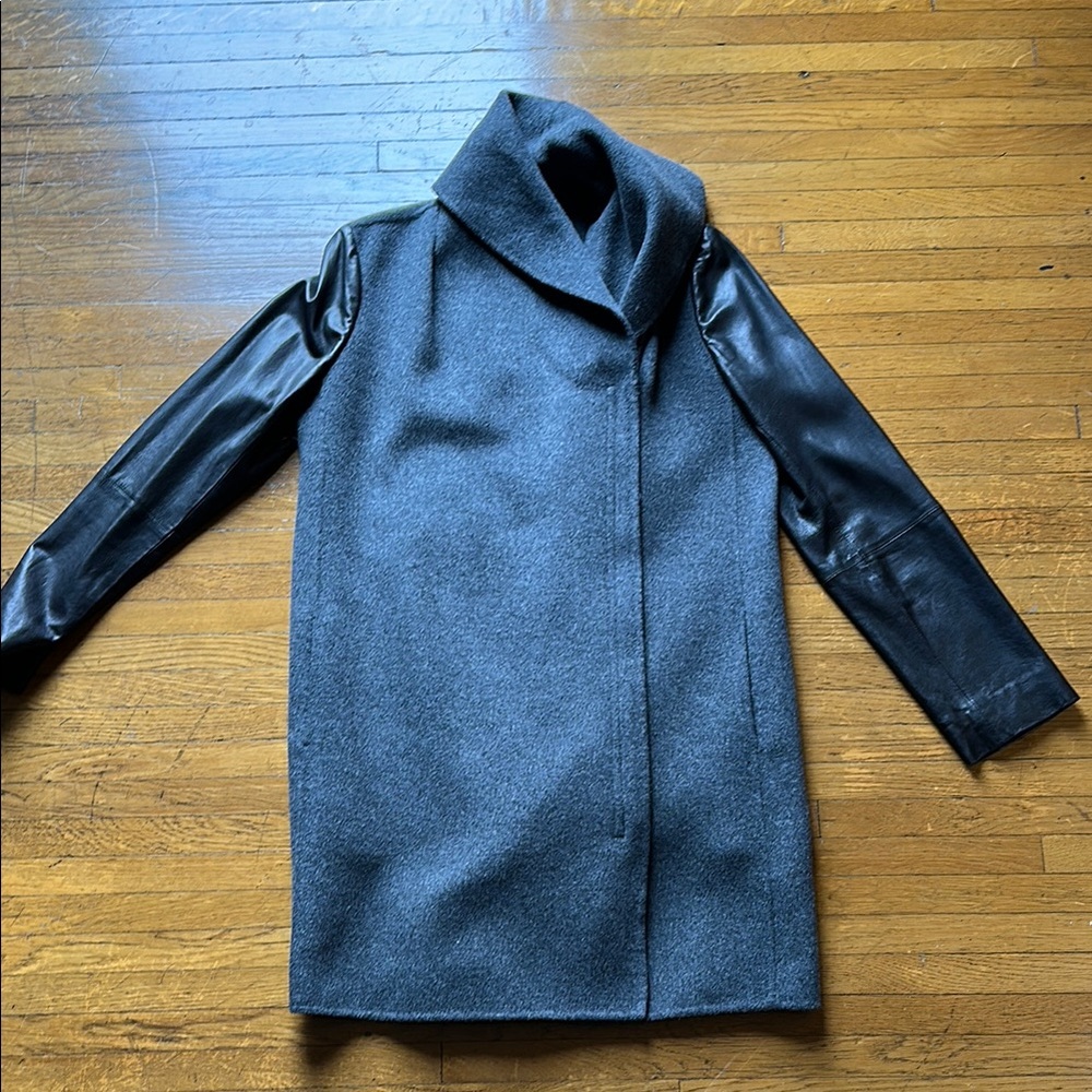 Vince Gray Wool Coat with Black Leather Sleeves- size M